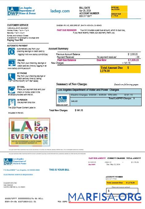 Realistic USA LA DWP business utility bill template in Word and PDF formats